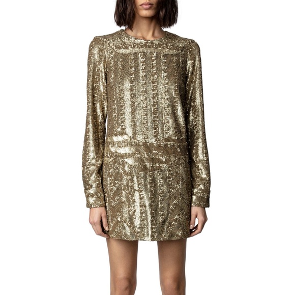 NWT $998 Zadig & Voltaire Roysse Sequin Long Sleeve Gold Dress Minidress S Small - Picture 1 of 7